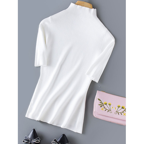 春季新款冰絲針織衫女半高領短袖打底衫女天絲中袖春秋修身上衣女