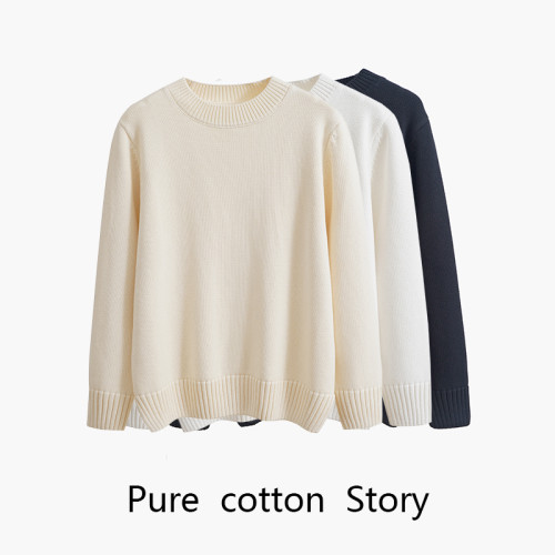 歐單 全棉100% 圓領毛衣女士套頭針織衫秋冬打底衫長袖寬松 厚款