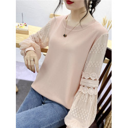 蕾絲拼接打底衫2025早秋套頭圓領鏤空薄針織衫雪紡燈籠袖超仙上衣