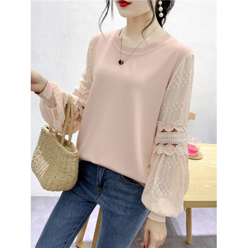 蕾絲拼接打底衫2025早秋套頭圓領鏤空薄針織衫雪紡燈籠袖超仙上衣