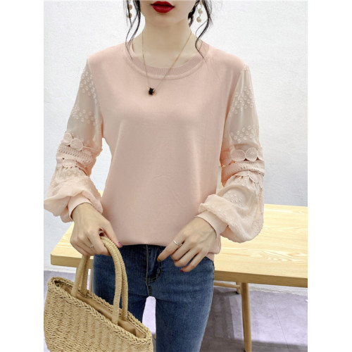 蕾絲拼接打底衫2025早秋套頭圓領鏤空薄針織衫雪紡燈籠袖超仙上衣