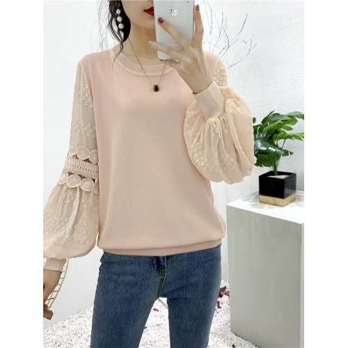 蕾絲拼接打底衫2025早秋套頭圓領鏤空薄針織衫雪紡燈籠袖超仙上衣