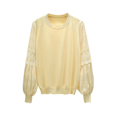 蕾絲拼接打底衫2025早秋套頭圓領鏤空薄針織衫雪紡燈籠袖超仙上衣