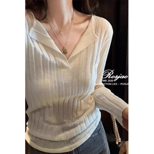 白色v領冰絲針織衫打底女夏季薄款超好看內搭修身長袖設計感上衣