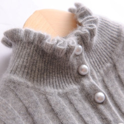 秋冬新款山羊絨衫女 淺灰色花邊領打底衫套頭針織衫 高領羊絨毛衣