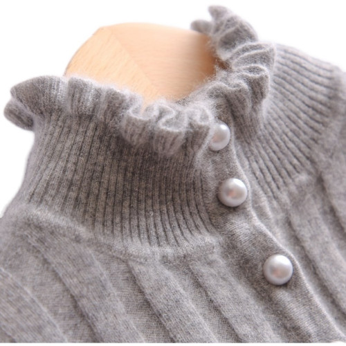 秋冬新款山羊絨衫女 淺灰色花邊領打底衫套頭針織衫 高領羊絨毛衣