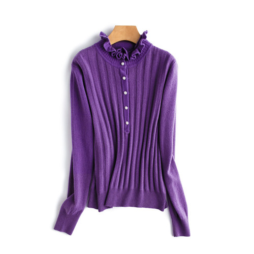 秋冬新款山羊絨衫女 淺灰色花邊領打底衫套頭針織衫 高領羊絨毛衣