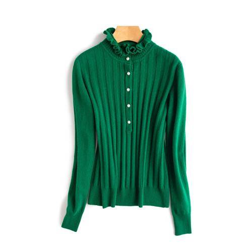 秋冬新款山羊絨衫女 淺灰色花邊領打底衫套頭針織衫 高領羊絨毛衣