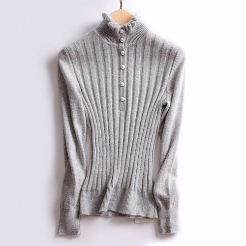 秋冬新款山羊絨衫女 淺灰色花邊領打底衫套頭針織衫 高領羊絨毛衣