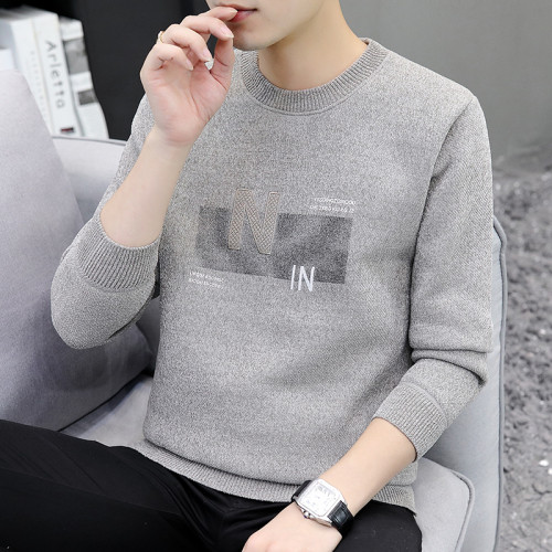 圓領毛衣男加絨加厚秋冬季一體絨針織打底衫男內搭冬裝提花羊毛衫