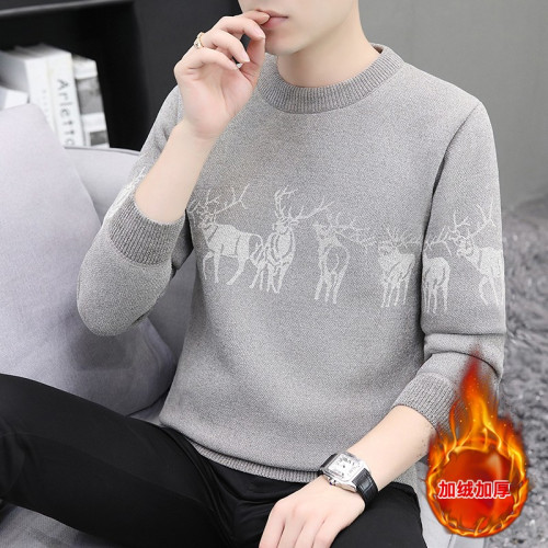 圓領毛衣男加絨加厚秋冬季一體絨針織打底衫男內搭冬裝提花羊毛衫