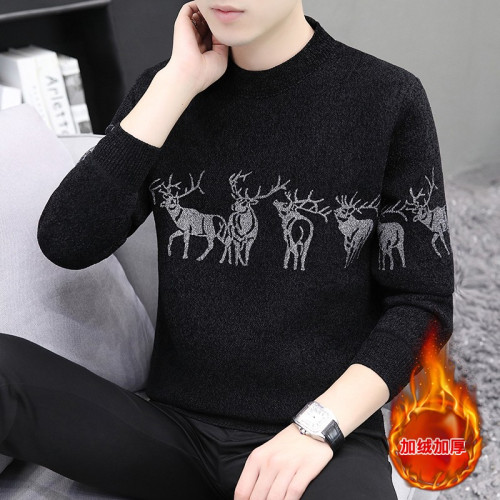 圓領毛衣男加絨加厚秋冬季一體絨針織打底衫男內搭冬裝提花羊毛衫