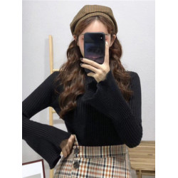 秋冬加厚卷邊半高領個性坑條喇叭袖針織氣質復古柔軟打底衫毛衣女