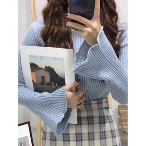 秋冬加厚卷邊半高領個性坑條喇叭袖針織氣質復古柔軟打底衫毛衣女 秋冬加厚卷邊半高領個性坑條喇叭袖針織氣質復古柔軟打底衫毛衣女