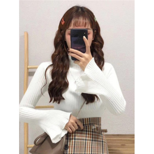 秋冬加厚卷邊半高領個性坑條喇叭袖針織氣質復古柔軟打底衫毛衣女 秋冬加厚卷邊半高領個性坑條喇叭袖針織氣質復古柔軟打底衫毛衣女