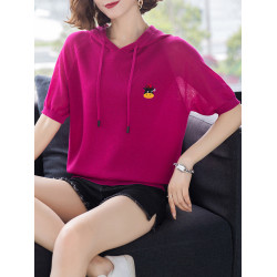 中年媽媽夏短袖女裝針織衫短款寬松冰絲上衣連帽衛衣薄款打底衫潮