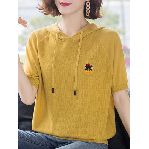 中年媽媽夏短袖女裝針織衫短款寬松冰絲上衣連帽衛衣薄款打底衫潮