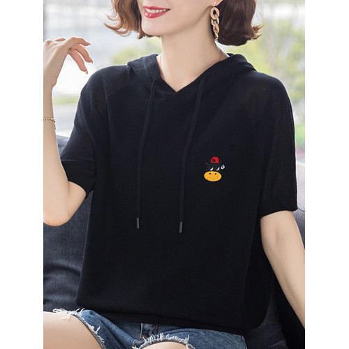 中年媽媽夏短袖女裝針織衫短款寬松冰絲上衣連帽衛衣薄款打底衫潮