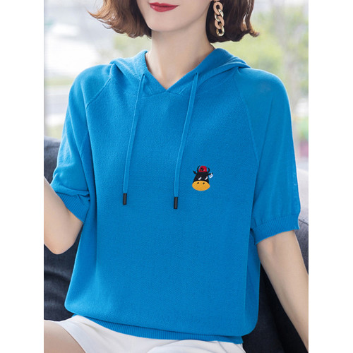 中年媽媽夏短袖女裝針織衫短款寬松冰絲上衣連帽衛衣薄款打底衫潮