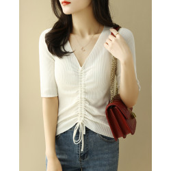 新款2024春秋v領抽繩系帶五分袖針織打底衫女修身黑色中袖上衣薄