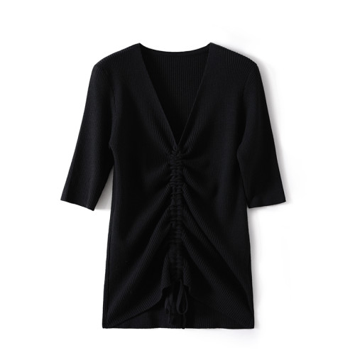 新款2024春秋v領抽繩系帶五分袖針織打底衫女修身黑色中袖上衣薄