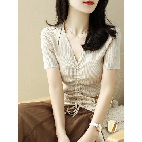 新款2024春秋v領抽繩系帶五分袖針織打底衫女修身黑色中袖上衣薄