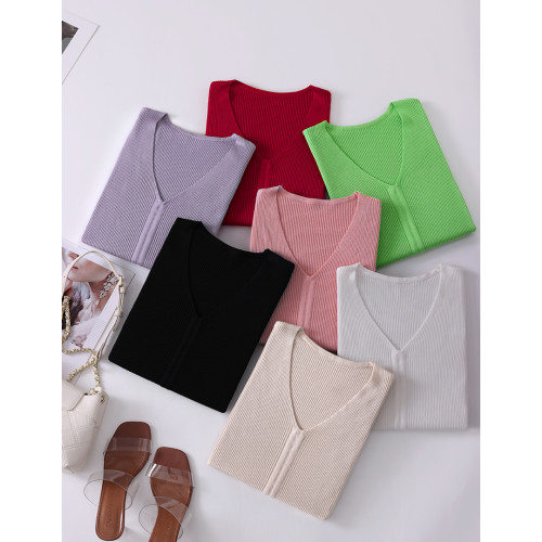 新款2024春秋v領抽繩系帶五分袖針織打底衫女修身黑色中袖上衣薄