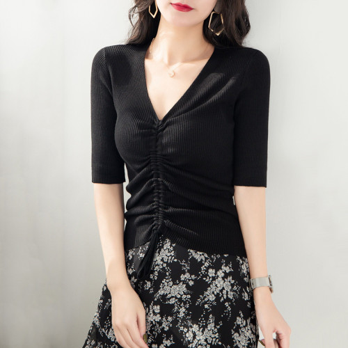 新款2024春秋v領抽繩系帶五分袖針織打底衫女修身黑色中袖上衣薄