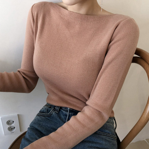 一字領長袖針織衫毛衣女2025春秋新款套頭百搭修身緊身打底衫女士