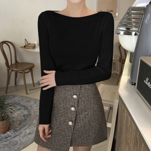 一字領長袖針織衫毛衣女2025春秋新款套頭百搭修身緊身打底衫女士