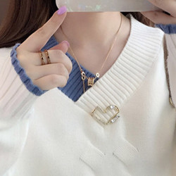 秋冬V領毛衣女拼色套頭百搭針織衫2024新款韓版寬松顯瘦打底衫