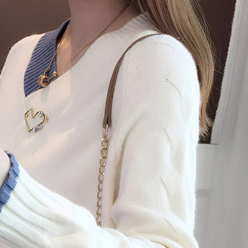 秋冬V領毛衣女拼色套頭百搭針織衫2024新款韓版寬松顯瘦打底衫