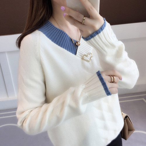 秋冬V領毛衣女拼色套頭百搭針織衫2024新款韓版寬松顯瘦打底衫
