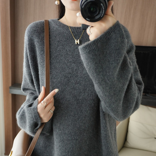秋冬新款羊絨針織衫女圓領落肩內搭寬松百搭毛衣套頭純羊毛打底衫