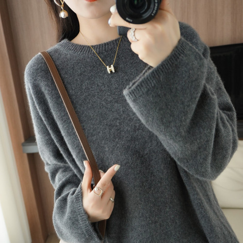 秋冬新款羊絨針織衫女圓領落肩內搭寬松百搭毛衣套頭純羊毛打底衫