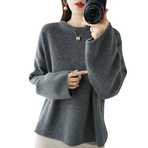 秋冬新款羊絨針織衫女圓領落肩內搭寬松百搭毛衣套頭純羊毛打底衫