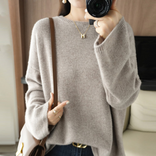 秋冬新款羊絨針織衫女圓領落肩內搭寬松百搭毛衣套頭純羊毛打底衫