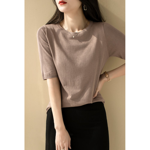 法式圓領黑色中袖針織打底衫女春秋2025新款寬松正肩五分袖上衣薄