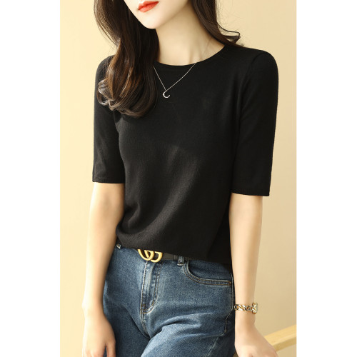 法式圓領黑色中袖針織打底衫女春秋2025新款寬松正肩五分袖上衣薄