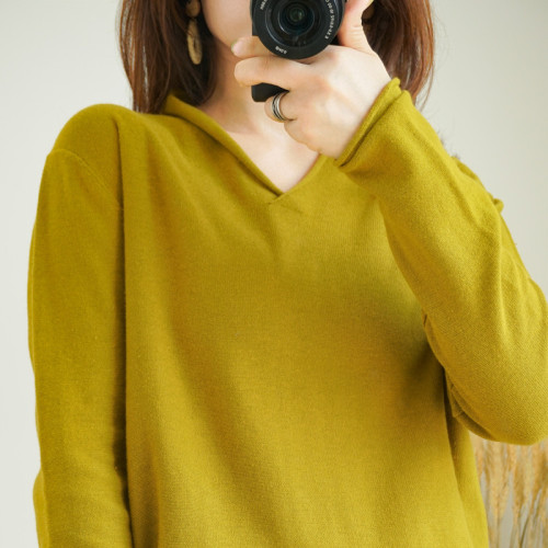 100%純棉女V領打底衫寬松長袖針織衫純色棉線衣百搭套頭休閒毛衣