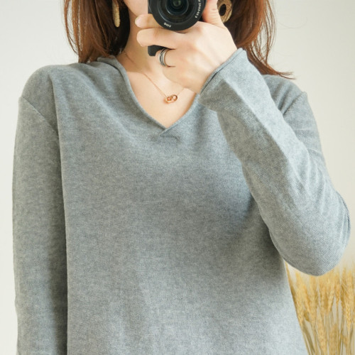 100%純棉女V領打底衫寬松長袖針織衫純色棉線衣百搭套頭休閒毛衣