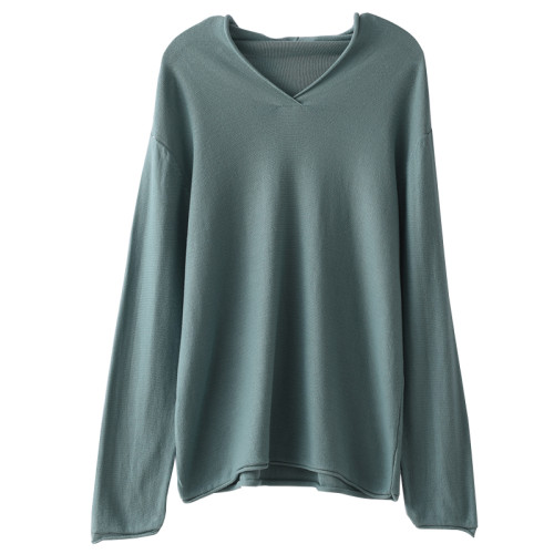 100%純棉女V領打底衫寬松長袖針織衫純色棉線衣百搭套頭休閒毛衣