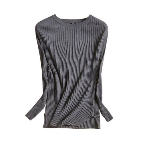 真絲羊絨混紡圓領打底衫桑蠶絲針織套頭衫薄款高彈力坑條毛衣女