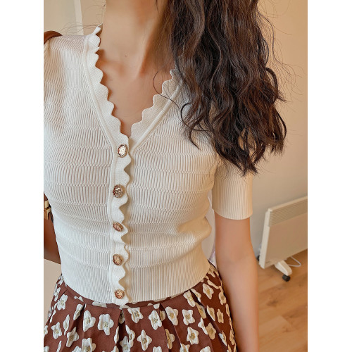 Jophond Lou春夏高彈短款七分袖修身冰絲針織開衫 內搭女 打底衫