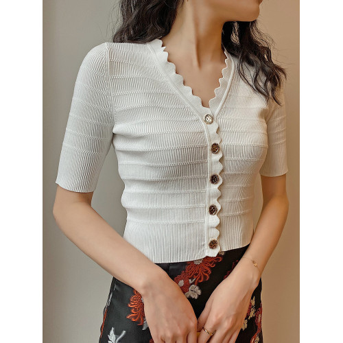 Jophond Lou春夏高彈短款七分袖修身冰絲針織開衫 內搭女 打底衫