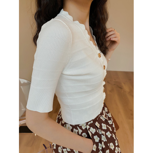 Jophond Lou春夏高彈短款七分袖修身冰絲針織開衫 內搭女 打底衫