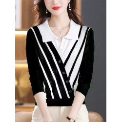 2025春裝新款假兩件毛衣針織衫女薄款條紋上衣氣質顯瘦時尚打底衫