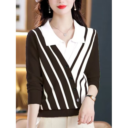 2025春裝新款假兩件毛衣針織衫女薄款條紋上衣氣質顯瘦時尚打底衫