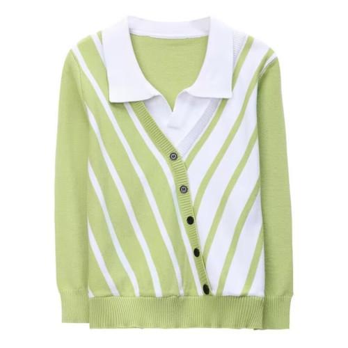 2025春裝新款假兩件毛衣針織衫女薄款條紋上衣氣質顯瘦時尚打底衫