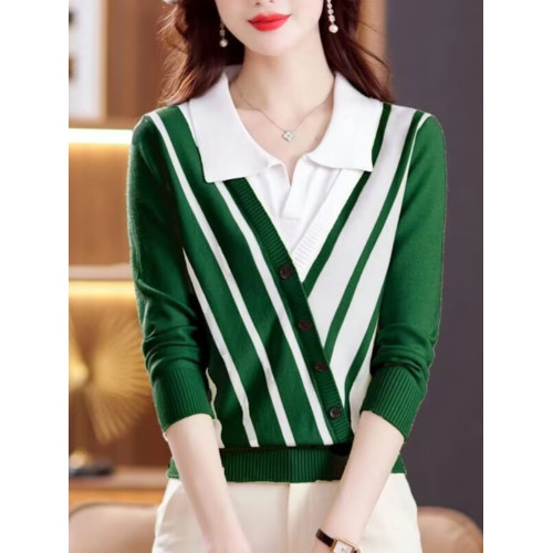 2025春裝新款假兩件毛衣針織衫女薄款條紋上衣氣質顯瘦時尚打底衫